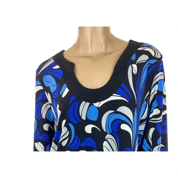 NY Collection Sz XL Blouse Black Blue White Pattern 3/4 Sleeve Polyester/Spandex - Picture 2 of 5